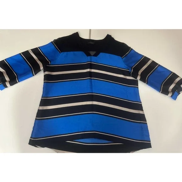 Women L The Limited Blue Black White Horizontal stripes blouse lace shoulder - Picture 1 of 6